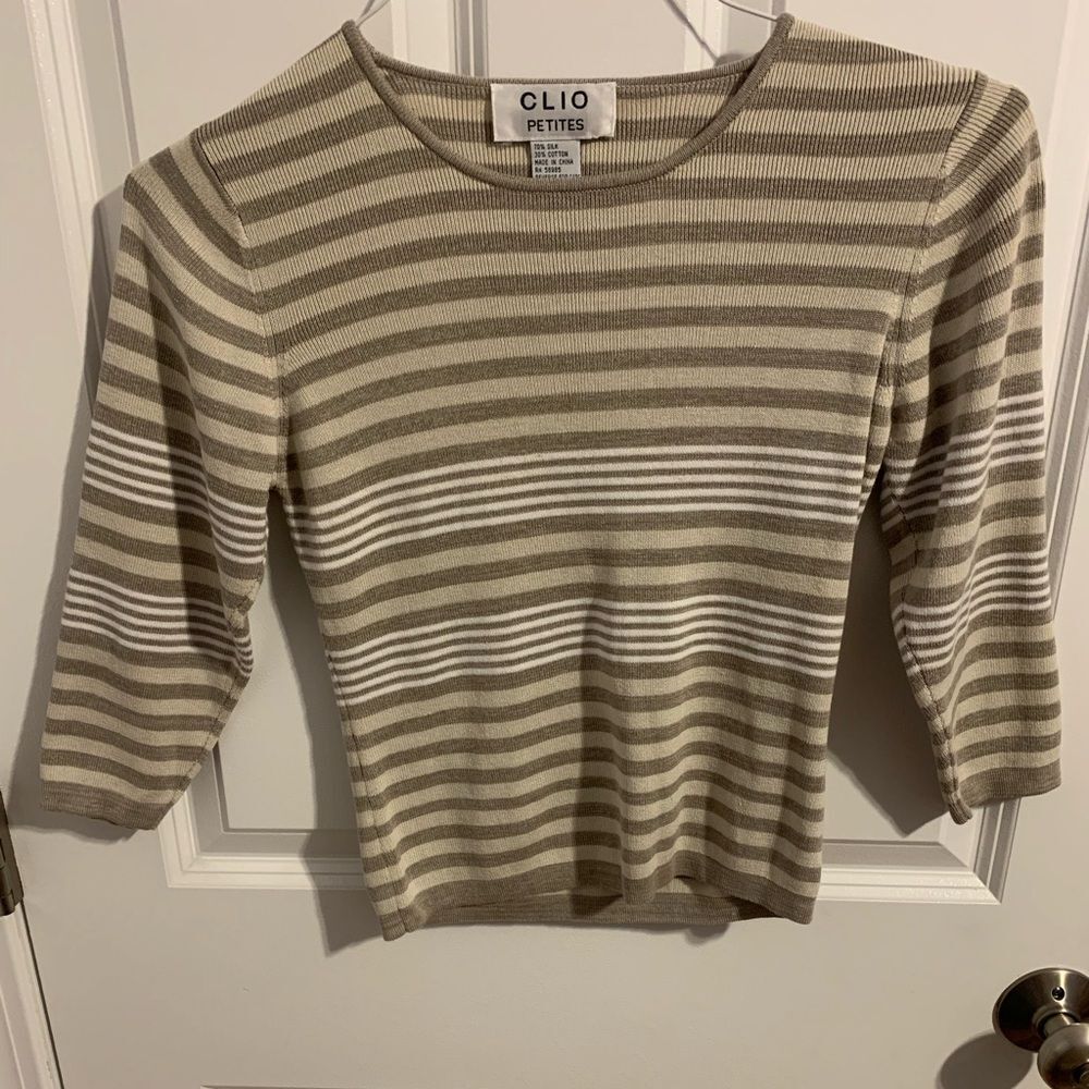 Clio Size Petites Small Taupe and White Striped Sweater